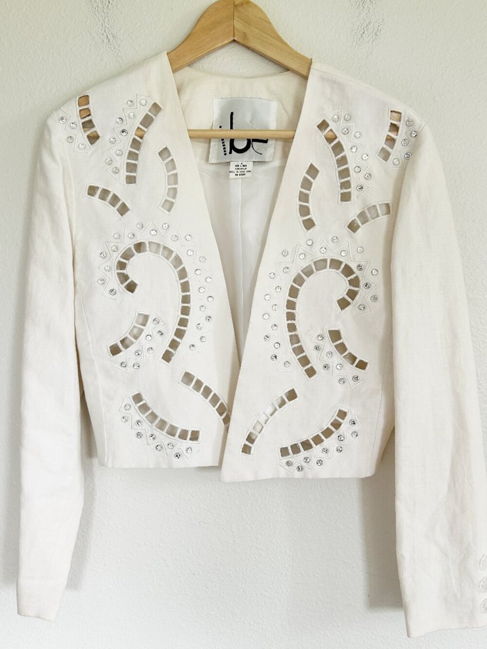 Vtg 80-90's IBE Crop Blazer Jacket Womens 4 White Linen Blend Open